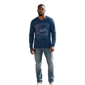 Seven7 Men’s V-neck Long Sleeve Graphic Cotton Tee,  Indigo, XXL